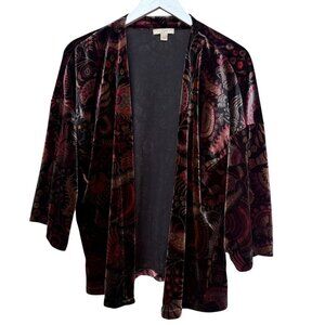 LOFT Velvet Shrug 0/S Black Red Paisley Jacket Stretch Evening Holiday Cardigan